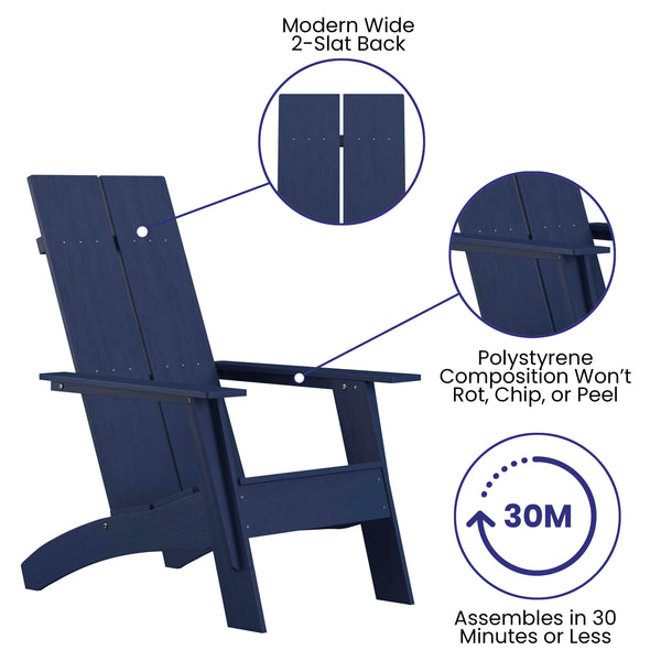 Navy |#| Set of 2 Navy Dual Slat Poly Resin Adirondack Chairs-22" Round Fire Pit