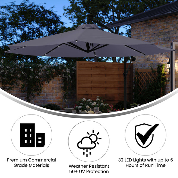 Sedona Commercial Grade 10ft Round Solar LED Cantilever Umbrella with Easy Lift and Tilt Function, Built in Cross Base Sedona Commercial Grade 10ft Round Solar LED Cantilever Umbrella with Easy Lift and Tilt Function, Built in Cross Base