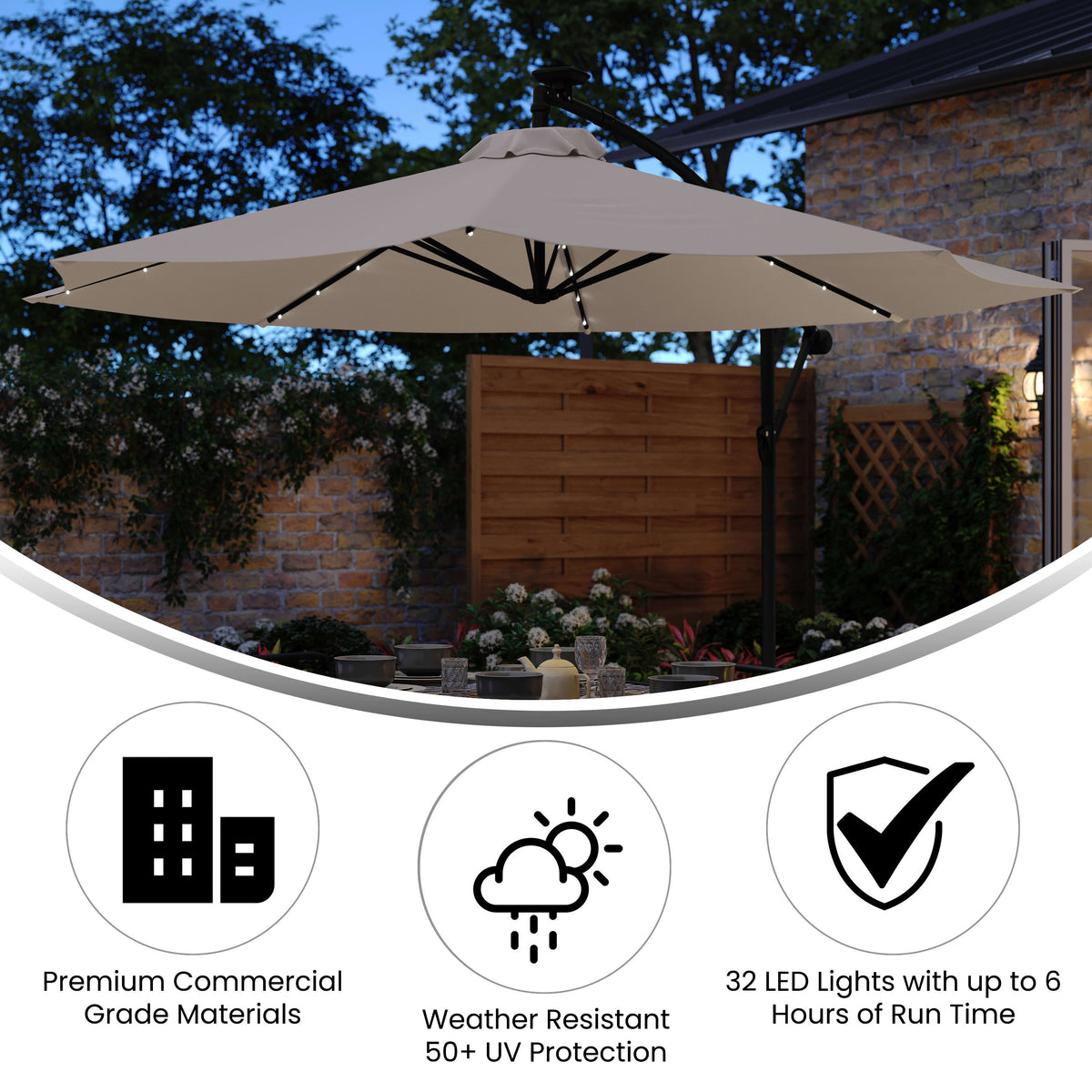 commercial outdoor patio umbrella Flash Furniture Sedona Commercial Grade 10ft Round Solar LED Cantilever Umbrella with Easy Lift and Tilt Function, Built in Cross Base, Gray