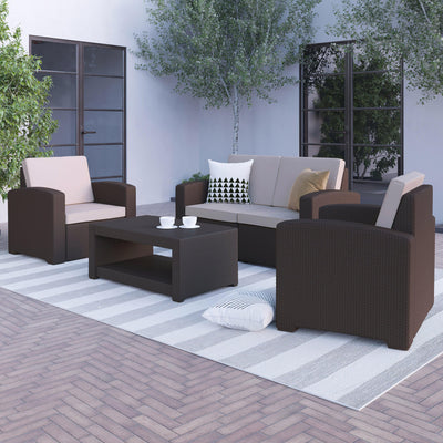 Seneca 4 Piece Outdoor Faux Rattan Chair, Loveseat and Table Set