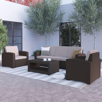 Seneca 4 Piece Outdoor Faux Rattan Chair, Sofa and Table Set