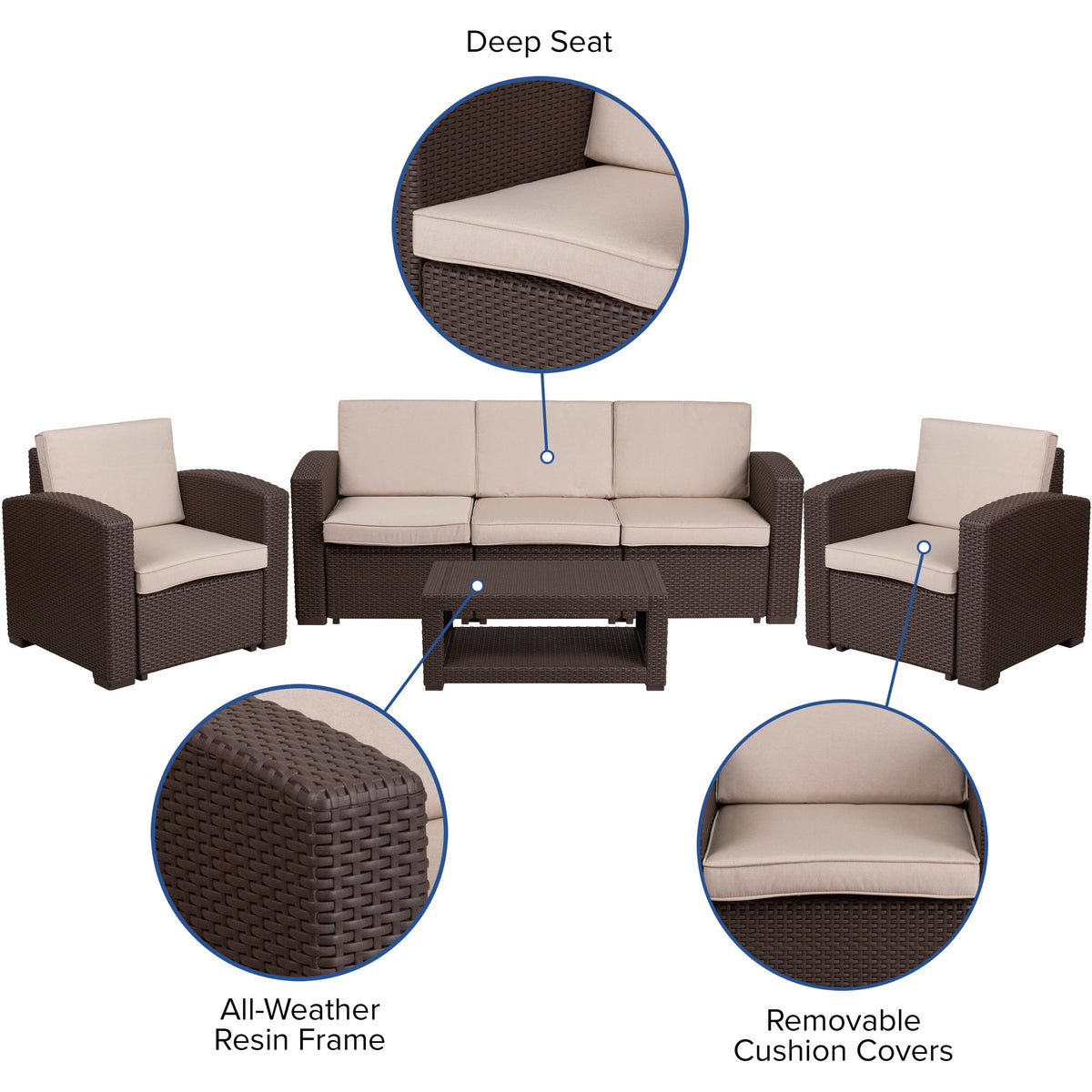 4 Piece Outdoor Faux Rattan Chair, Sofa and Table Set in Chocolate Brown