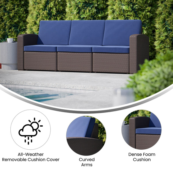 Navy Cushions/Chocolate Brown Frame |#| Chocolate Brown Faux Rattan Sofa with All-Weather Navy Cushions