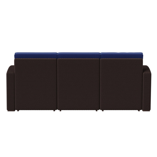 Navy Cushions/Chocolate Brown Frame |#| Chocolate Brown Faux Rattan Sofa with All-Weather Navy Cushions