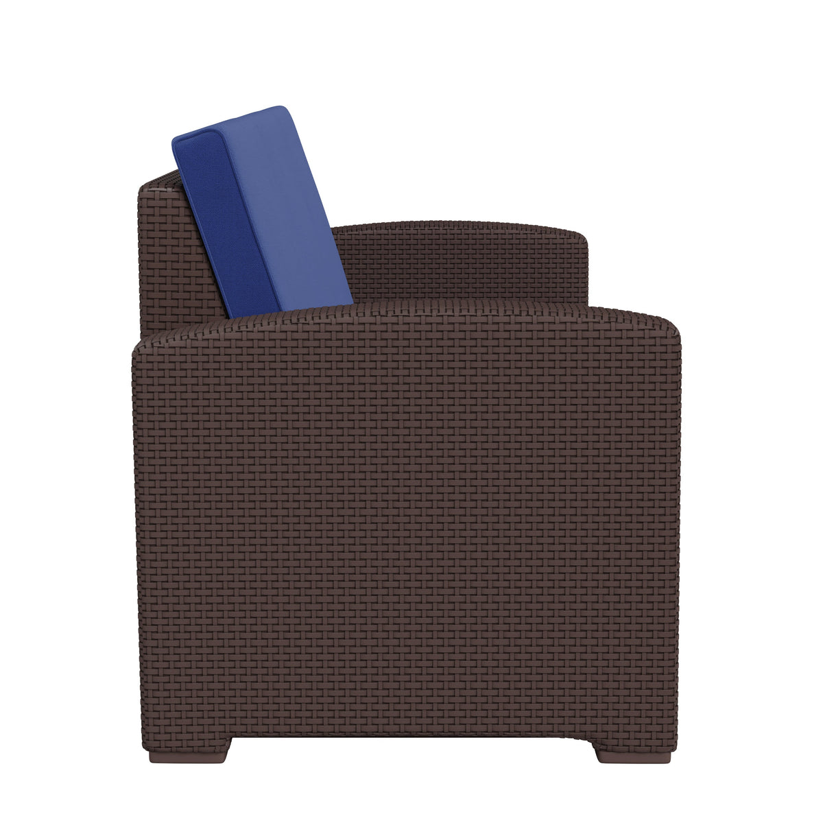 Navy Cushions/Chocolate Brown Frame |#| Chocolate Brown Faux Rattan Sofa with All-Weather Navy Cushions