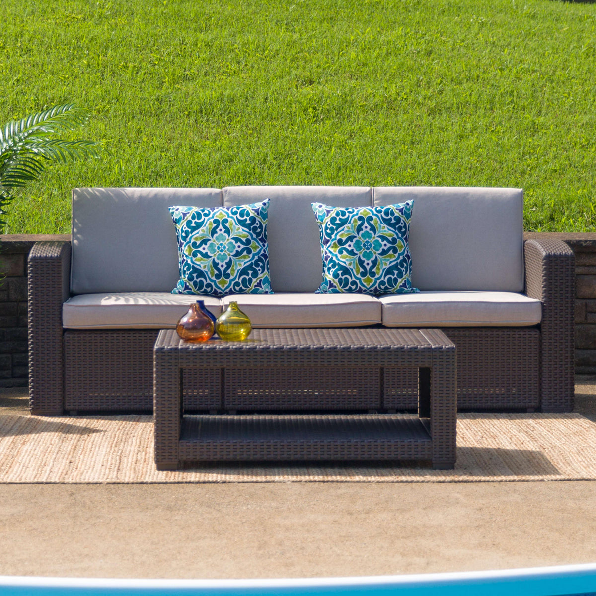 Beige Cushions/Chocolate Brown Frame |#| Chocolate Brown Faux Rattan Sofa with All-Weather Beige Cushions