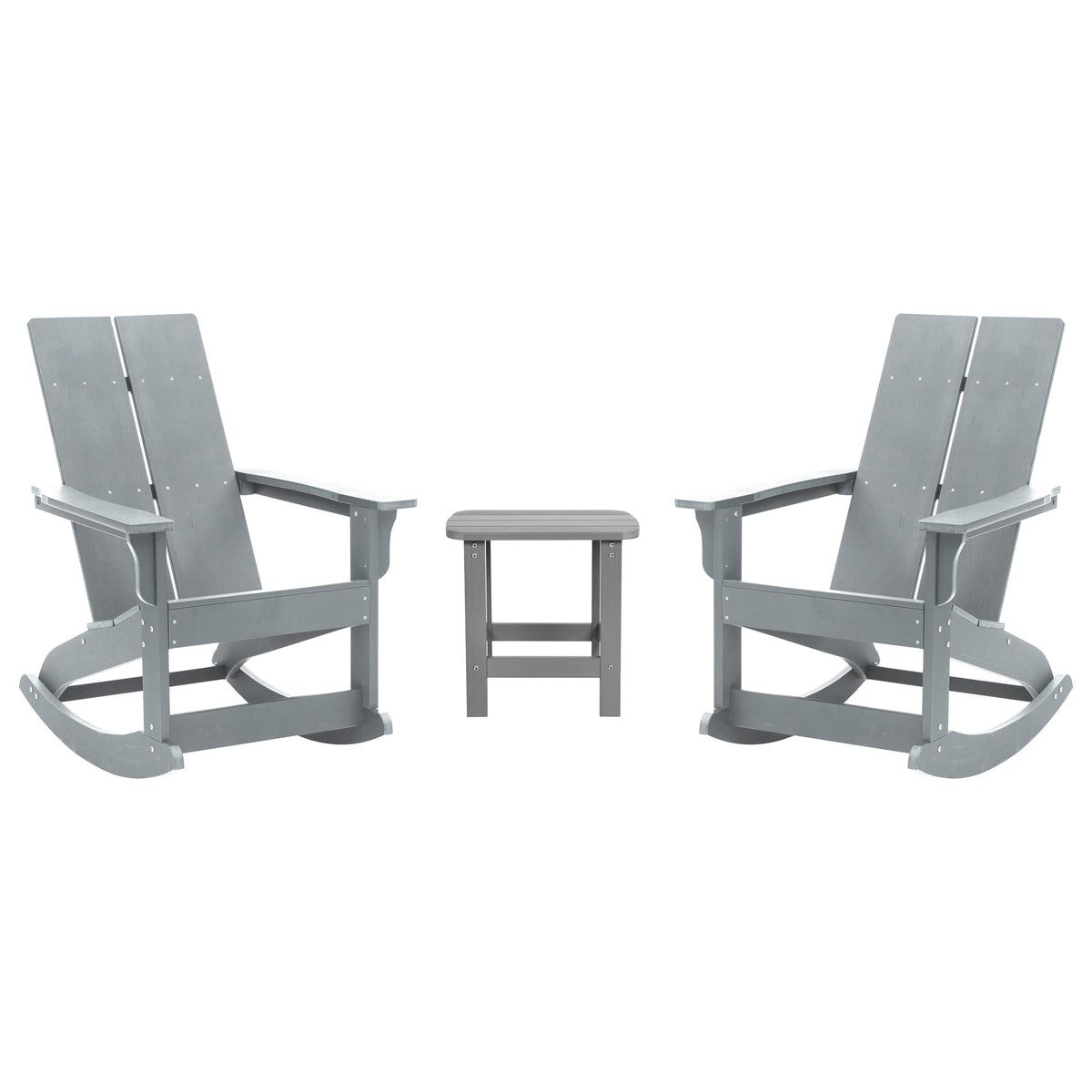 Gray |#| 2 Gray Modern Dual Slat Poly Resin Adirondack Rocking Chairs with 1 Side Table