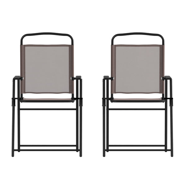 Brown |#| Set of 2 All-Weather Textilene Patio Sling Chairs with Armrests - Brown