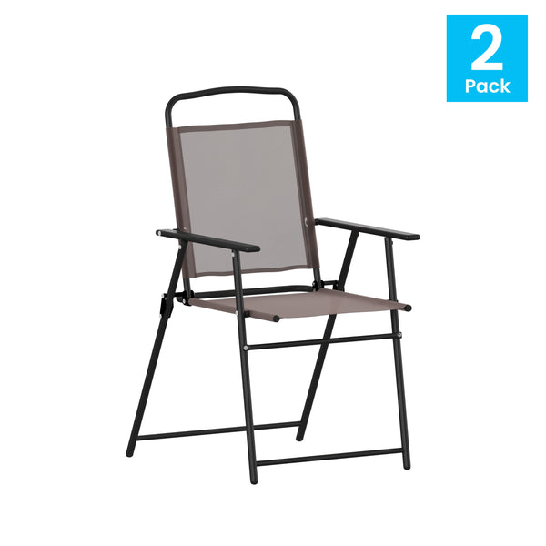 Brown |#| Set of 2 All-Weather Textilene Patio Sling Chairs with Armrests - Brown