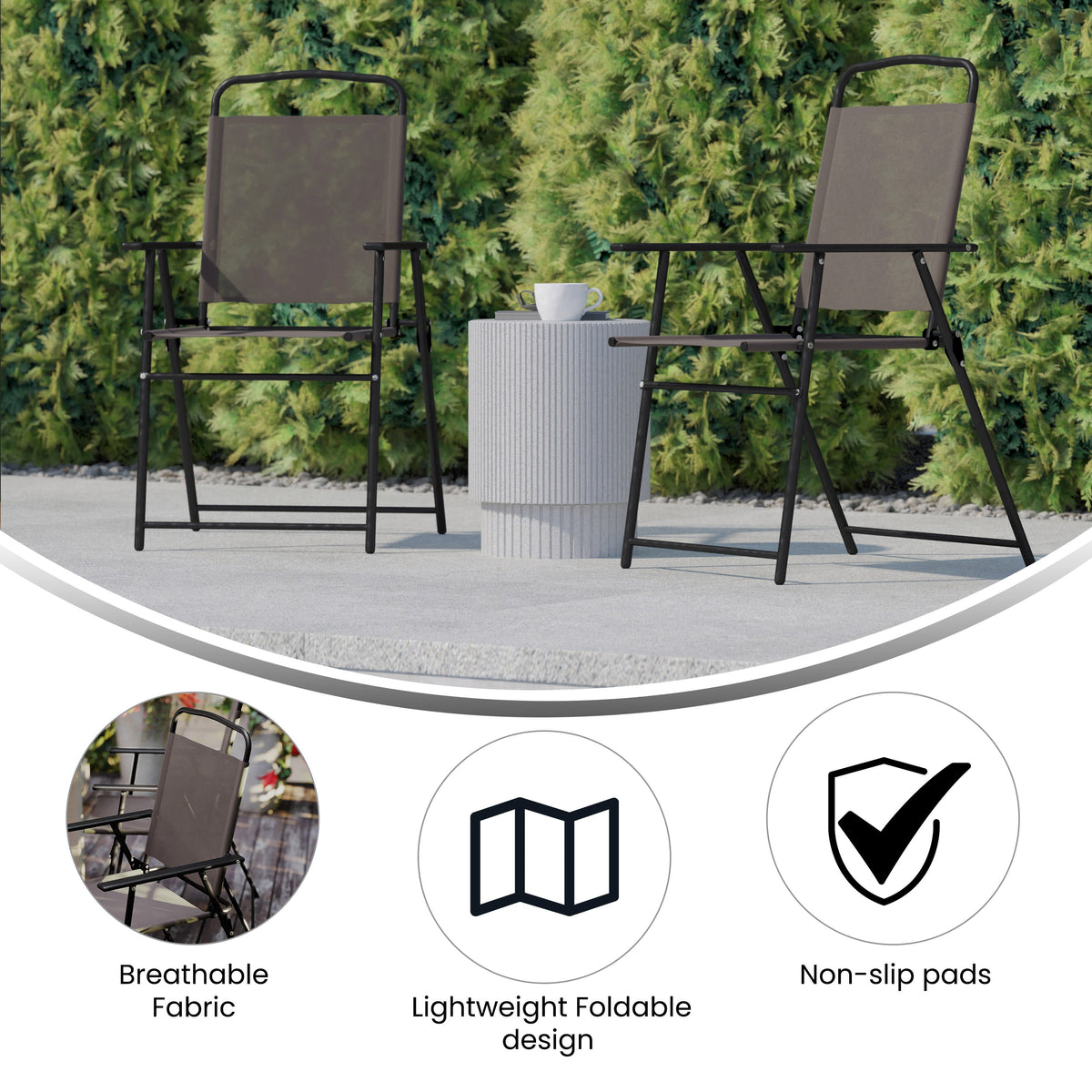 Brown |#| Set of 2 All-Weather Textilene Patio Sling Chairs with Armrests - Brown