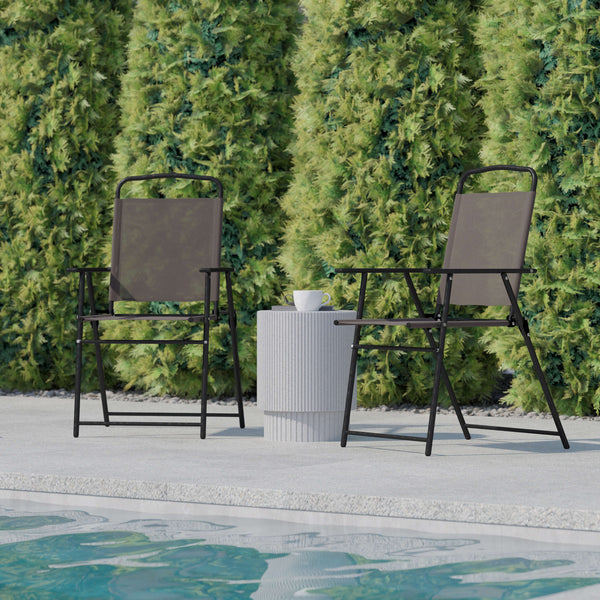 Brown |#| Set of 2 All-Weather Textilene Patio Sling Chairs with Armrests - Brown