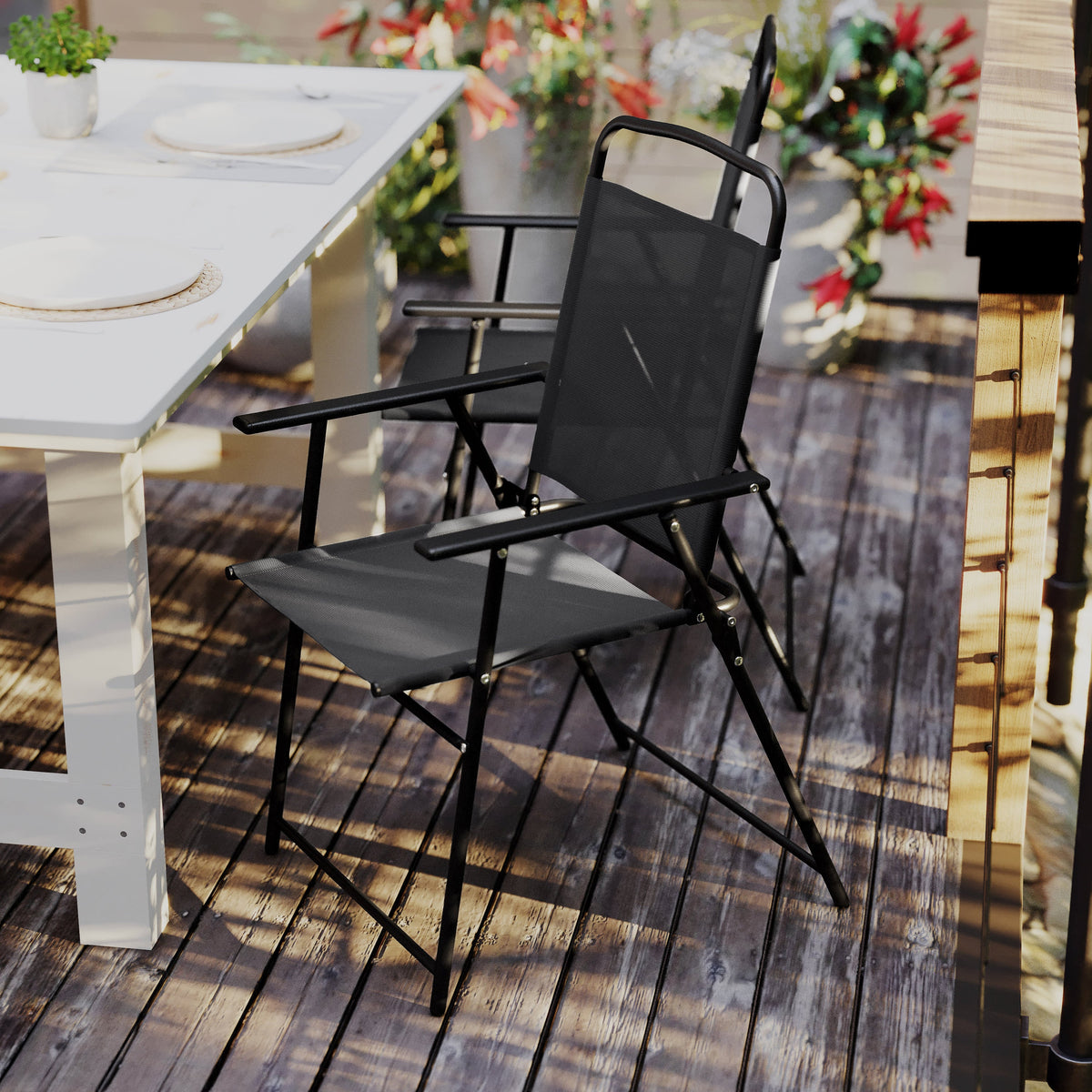 Black |#| Set of 2 All-Weather Textilene Patio Sling Chairs with Armrests - Black