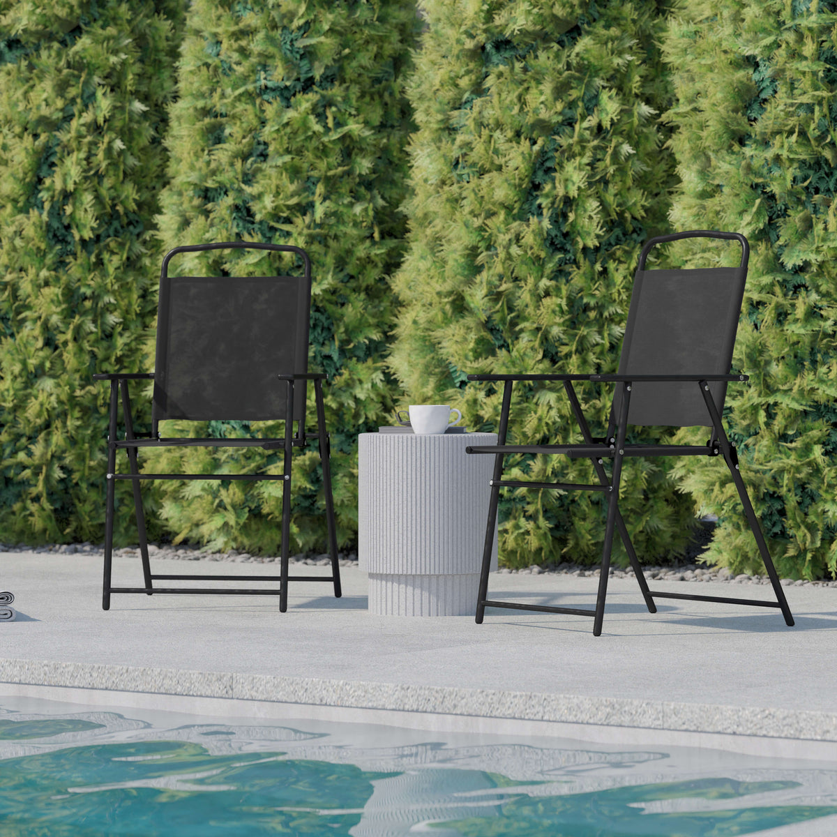 Black |#| Set of 2 All-Weather Textilene Patio Sling Chairs with Armrests - Black