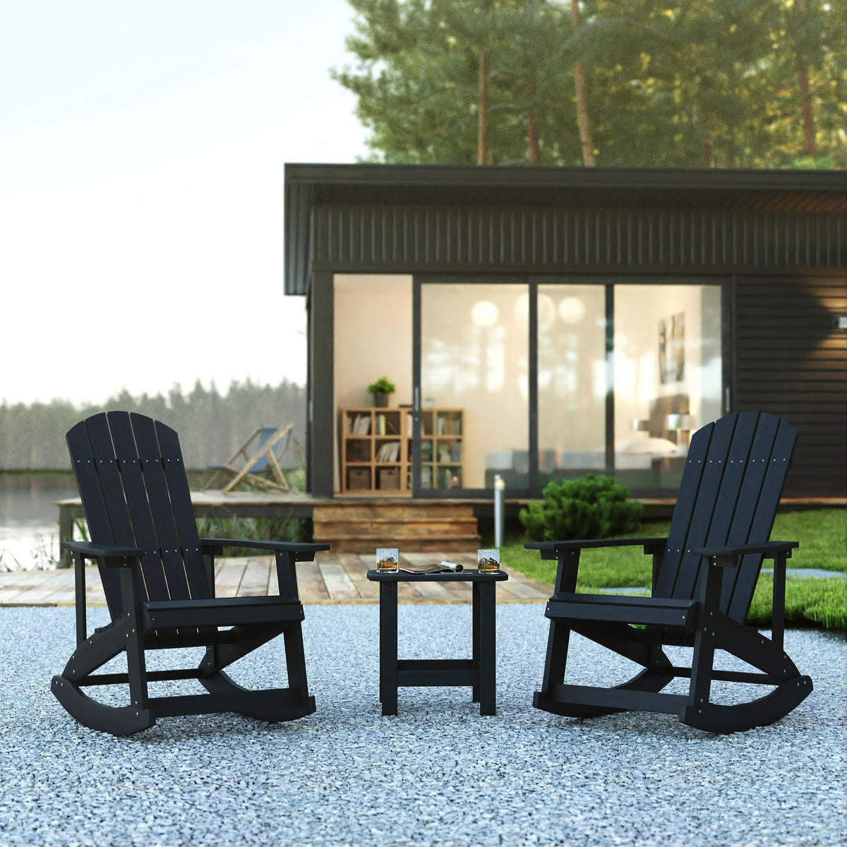 Black |#| Set of 2 Poly Resin Adirondack Rocking Chairs with 1 Side Table in Black