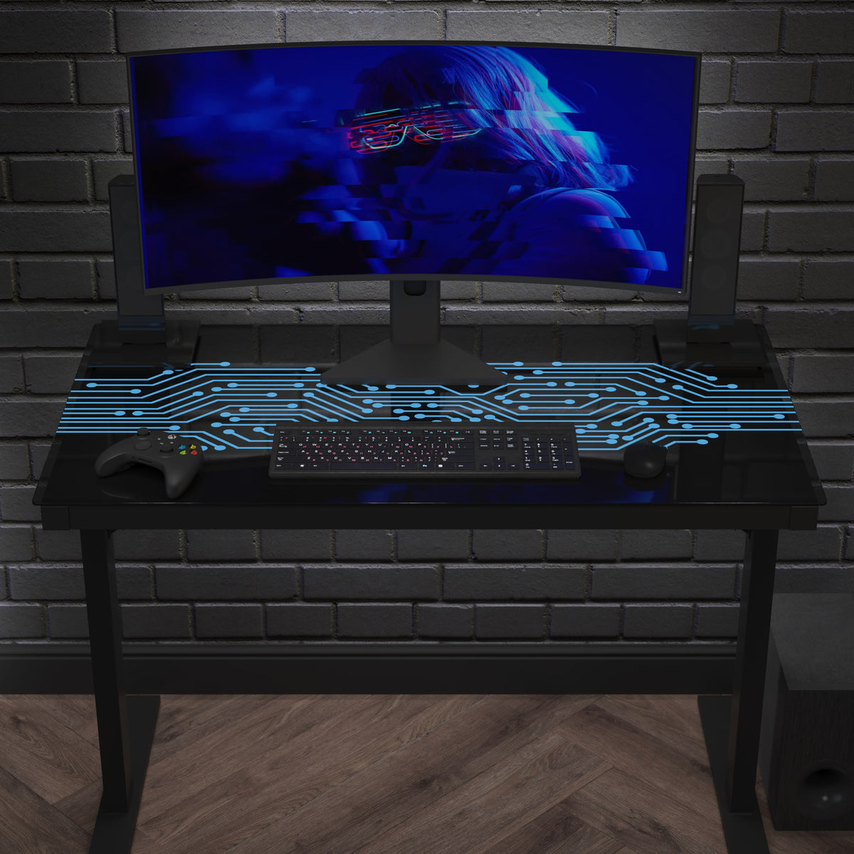 Gaming Computer Desk with Color Changing LED Circuit Board Design Glass Desktop