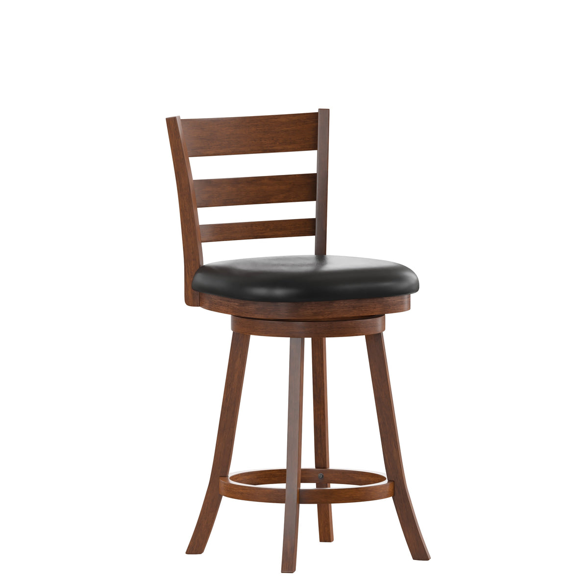 Black Vinyl/Antique Oak Frame |#| 24inch Ladderback Wooden Swivel Stool - Padded Seat-Antique Oak/Black Faux Leather