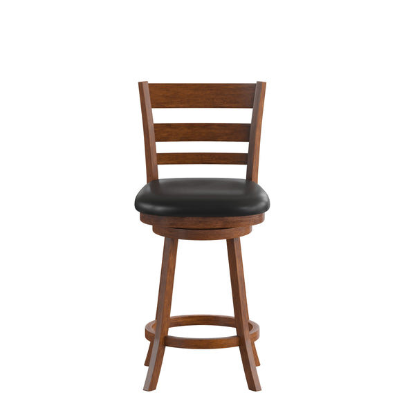 Black Vinyl/Antique Oak Frame |#| 24inch Ladderback Wooden Swivel Stool - Padded Seat-Antique Oak/Black Faux Leather