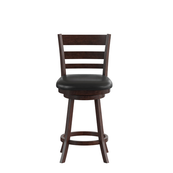Black Vinyl/Espresso Frame |#| 24inch Ladderback Wooden Swivel Stool - Padded Seat-Espresso/Black Faux Leather