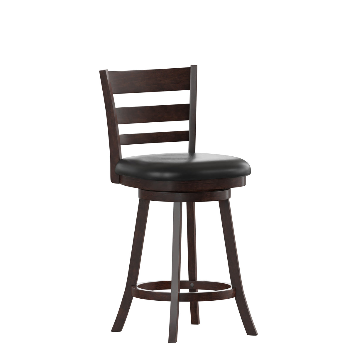 Black Vinyl/Espresso Frame |#| 24inch Ladderback Wooden Swivel Stool - Padded Seat-Espresso/Black Faux Leather