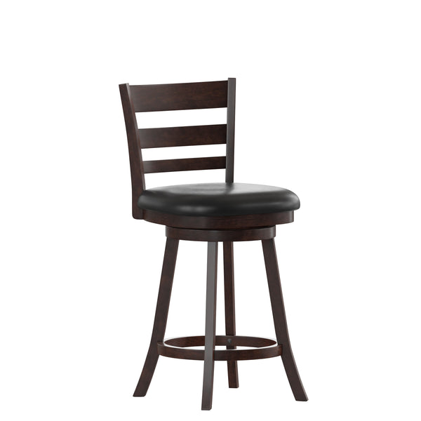 Black Vinyl/Espresso Frame |#| 24inch Ladderback Wooden Swivel Stool - Padded Seat-Espresso/Black Faux Leather