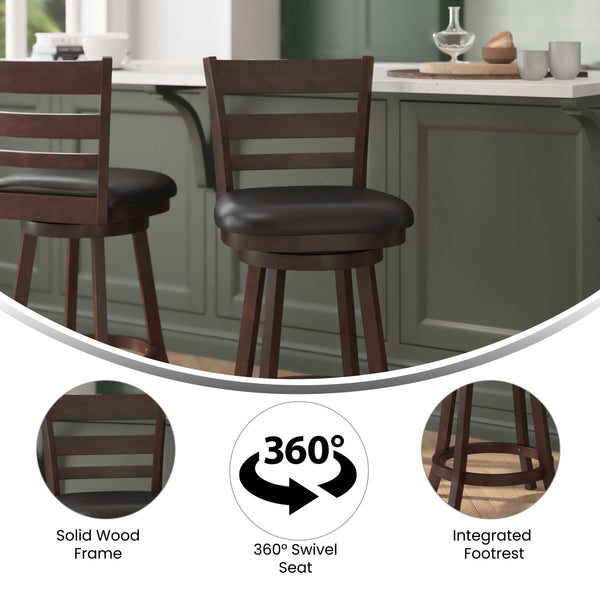 Black Vinyl/Espresso Frame |#| 24inch Ladderback Wooden Swivel Stool - Padded Seat-Espresso/Black Faux Leather