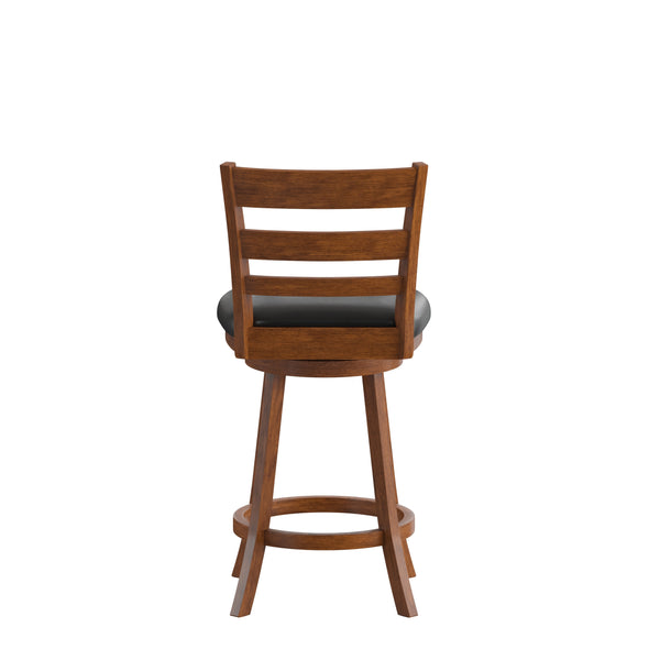 Black Vinyl/Antique Oak Frame |#| 24inch Ladderback Wooden Swivel Stool - Padded Seat-Antique Oak/Black Faux Leather