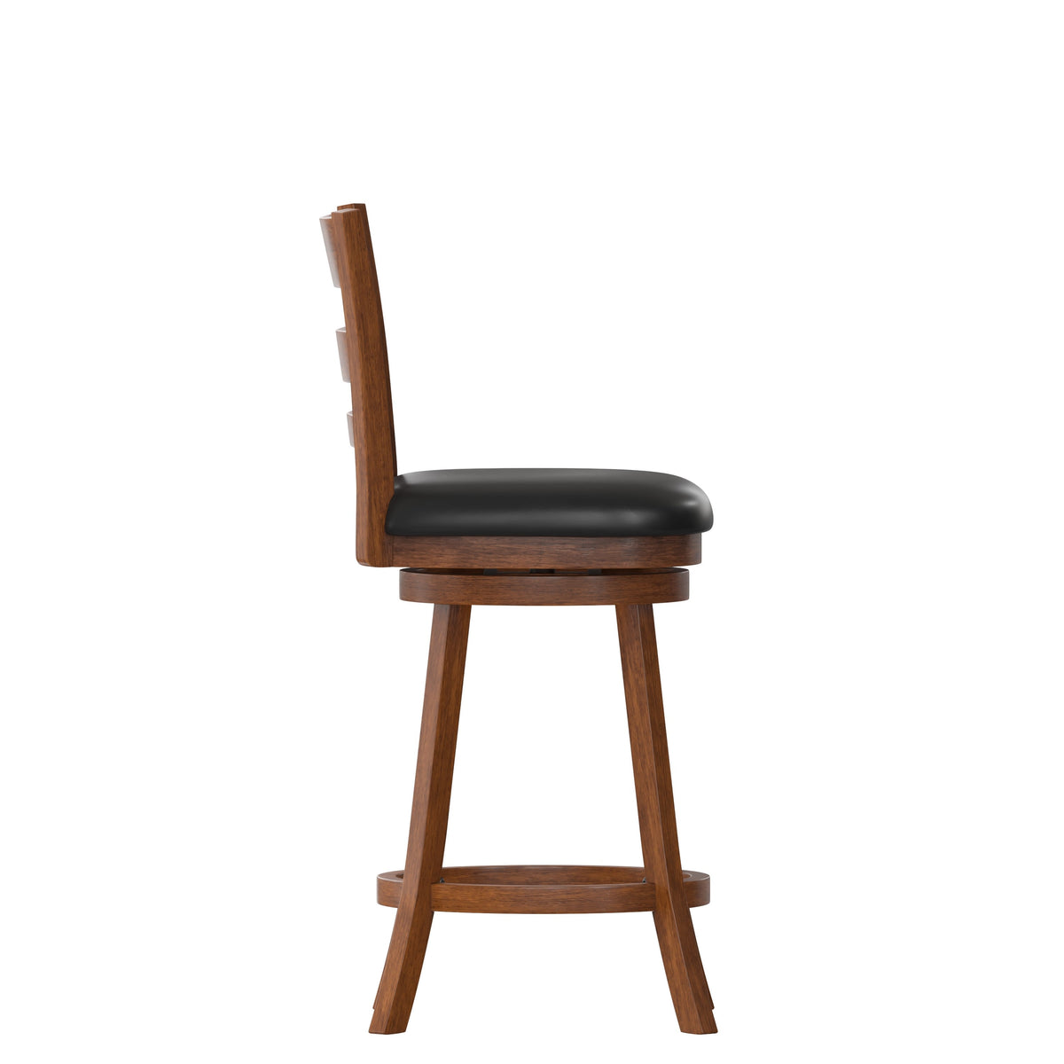 Black Vinyl/Antique Oak Frame |#| 24inch Ladderback Wooden Swivel Stool - Padded Seat-Antique Oak/Black Faux Leather