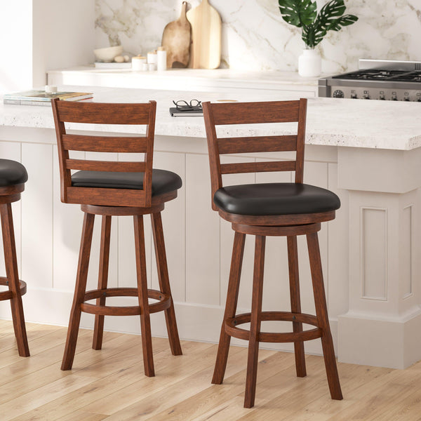 Black Vinyl/Antique Oak Frame |#| 30inch Ladderback Wooden Swivel Stool - Padded Seat-Antique Oak/Black Faux Leather