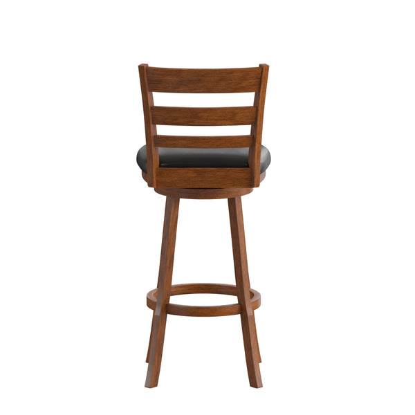 Black Vinyl/Antique Oak Frame |#| 30inch Ladderback Wooden Swivel Stool - Padded Seat-Antique Oak/Black Faux Leather