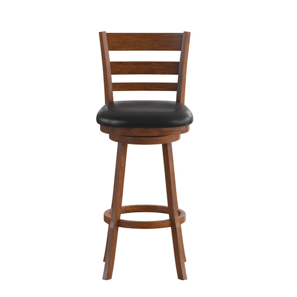 Black Vinyl/Antique Oak Frame |#| 30inch Ladderback Wooden Swivel Stool - Padded Seat-Antique Oak/Black Faux Leather