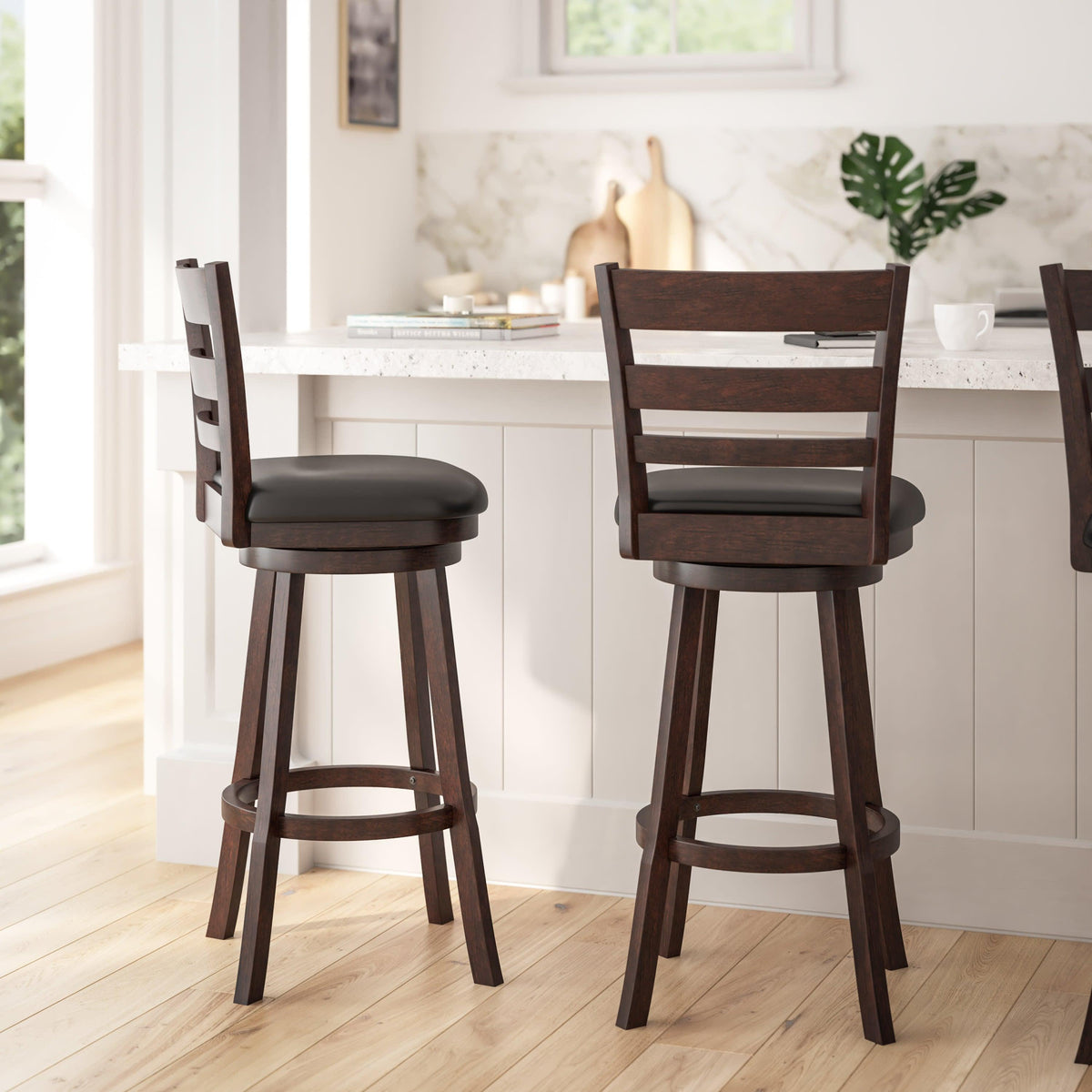 Black Vinyl/Espresso Frame |#| 30inch Ladderback Wooden Swivel Stool - Padded Seat-Espresso/Black Faux Leather