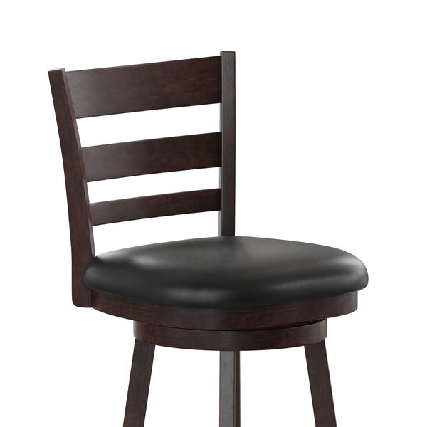 Black Vinyl/Espresso Frame |#| 30inch Ladderback Wooden Swivel Stool - Padded Seat-Espresso/Black Faux Leather