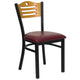 Natural Wood Back/Burgundy Vinyl Seat/Black Metal Frame |#| Black Slat Back Metal Restaurant Chair - Natural Wood Back, Burgundy Vinyl Seat