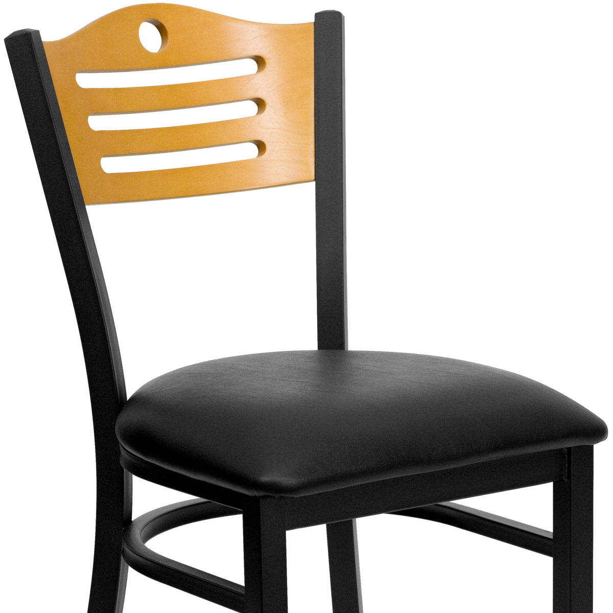 Natural Wood Back/Black Vinyl Seat/Black Metal Frame |#| Black Slat Back Metal Restaurant Chair - Natural Wood Back, Black Vinyl Seat