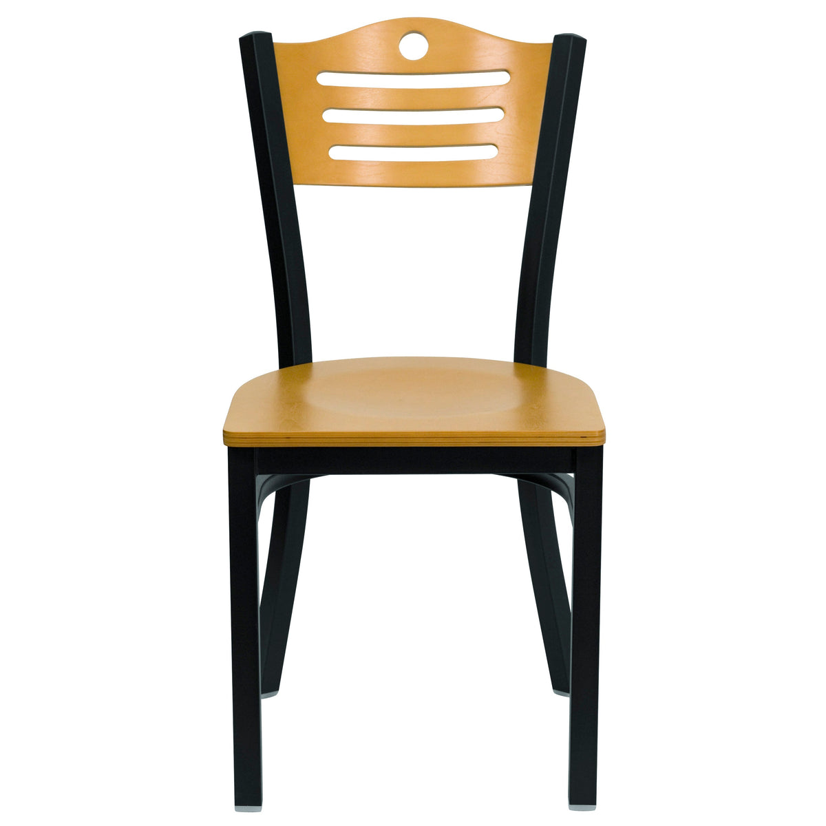 Natural Wood Back/Natural Wood Seat/Black Metal Frame |#| Black Slat Back Metal Restaurant Chair - Natural Wood Back & Seat