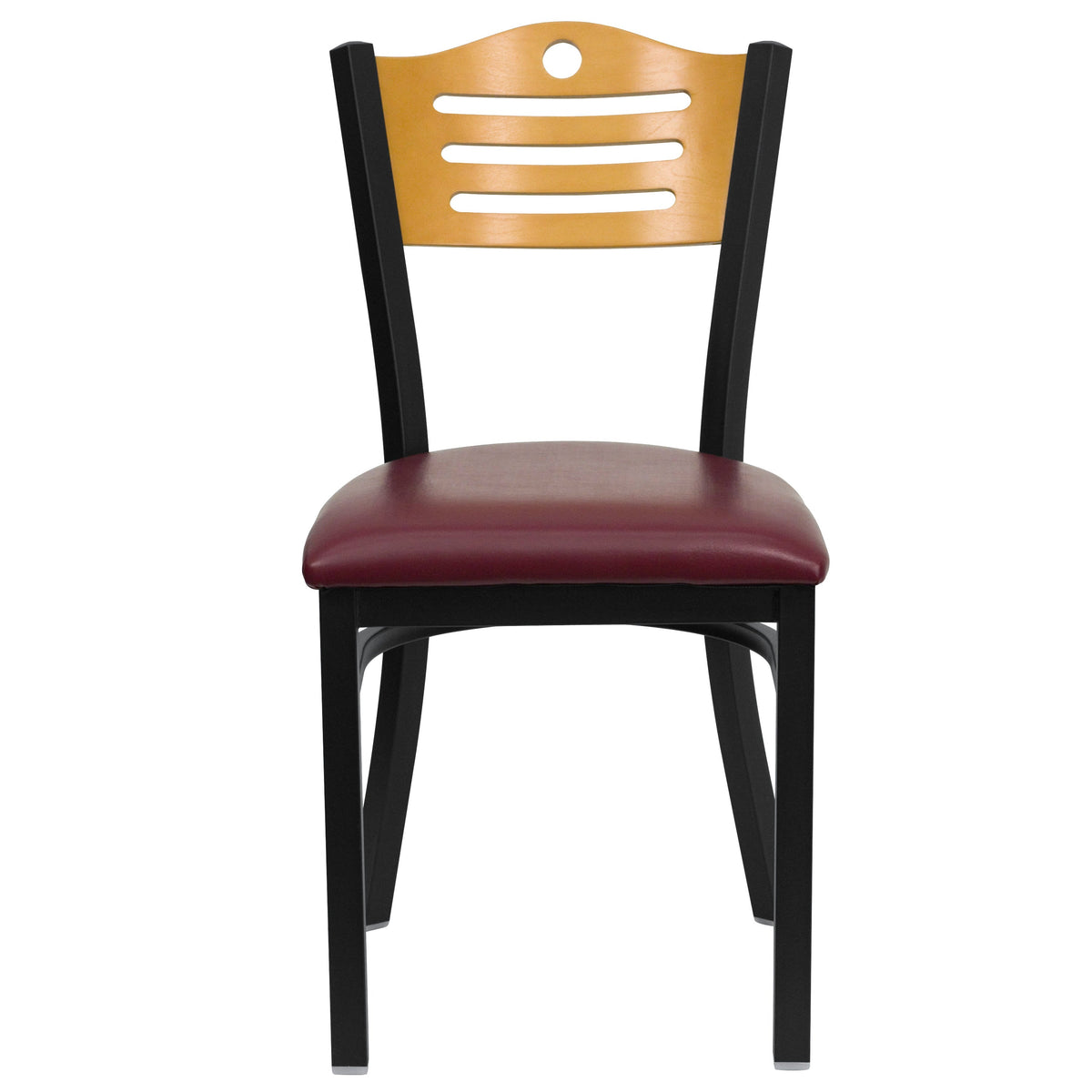Natural Wood Back/Burgundy Vinyl Seat/Black Metal Frame |#| Black Slat Back Metal Restaurant Chair - Natural Wood Back, Burgundy Vinyl Seat