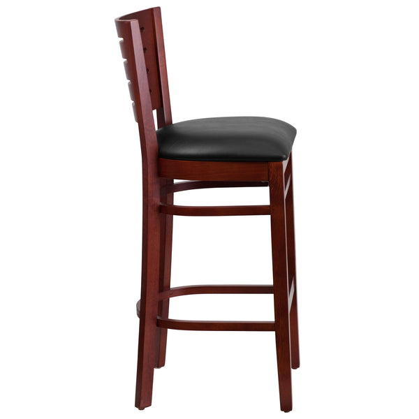 Black Vinyl Seat/Mahogany Wood Frame |#| Slat Back Mahogany Wood Restaurant Barstool - Black Vinyl Seat