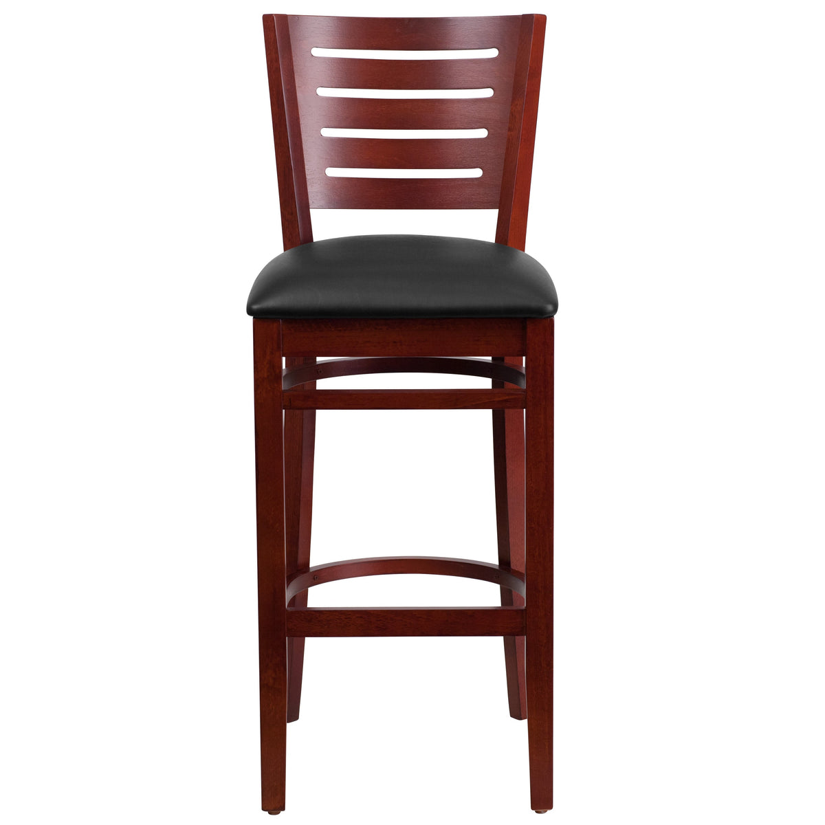 Black Vinyl Seat/Mahogany Wood Frame |#| Slat Back Mahogany Wood Restaurant Barstool - Black Vinyl Seat