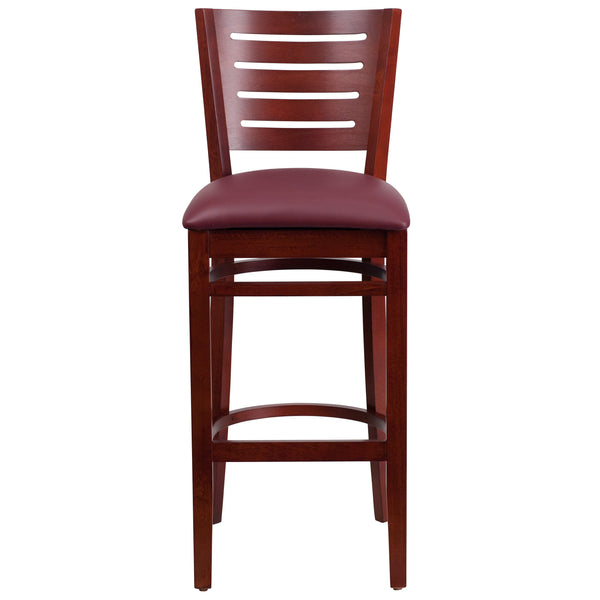 Burgundy Vinyl Seat/Mahogany Wood Frame |#| Slat Back Mahogany Wood Restaurant Barstool - Burgundy Vinyl Seat