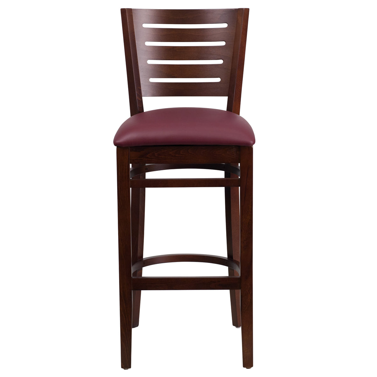 Burgundy Vinyl Seat/Walnut Wood Frame |#| Slat Back Walnut Wood Restaurant Barstool - Burgundy Vinyl Seat