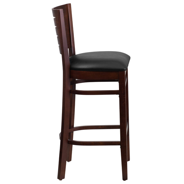 Black Vinyl Seat/Walnut Wood Frame |#| Slat Back Walnut Wood Restaurant Barstool - Black Vinyl Seat