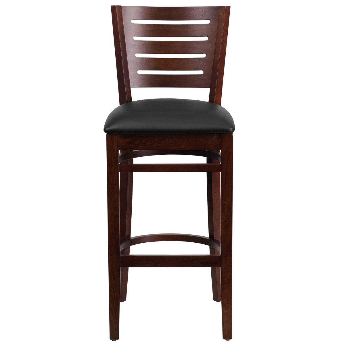 Black Vinyl Seat/Walnut Wood Frame |#| Slat Back Walnut Wood Restaurant Barstool - Black Vinyl Seat