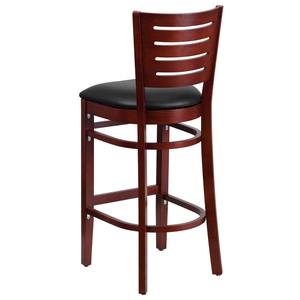 Black Vinyl Seat/Mahogany Wood Frame |#| Slat Back Mahogany Wood Restaurant Barstool - Black Vinyl Seat