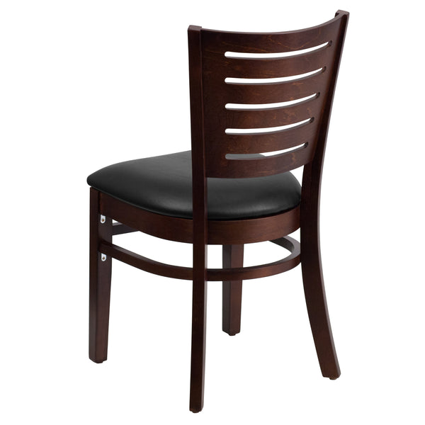 Black Vinyl Seat/Walnut Wood Frame |#| Slat Back Walnut Wood Restaurant Chair - Black Vinyl Seat