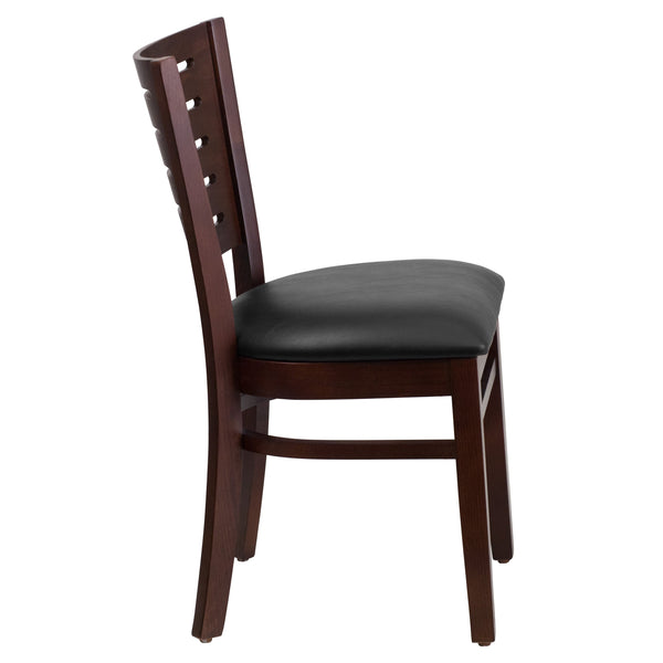 Black Vinyl Seat/Walnut Wood Frame |#| Slat Back Walnut Wood Restaurant Chair - Black Vinyl Seat