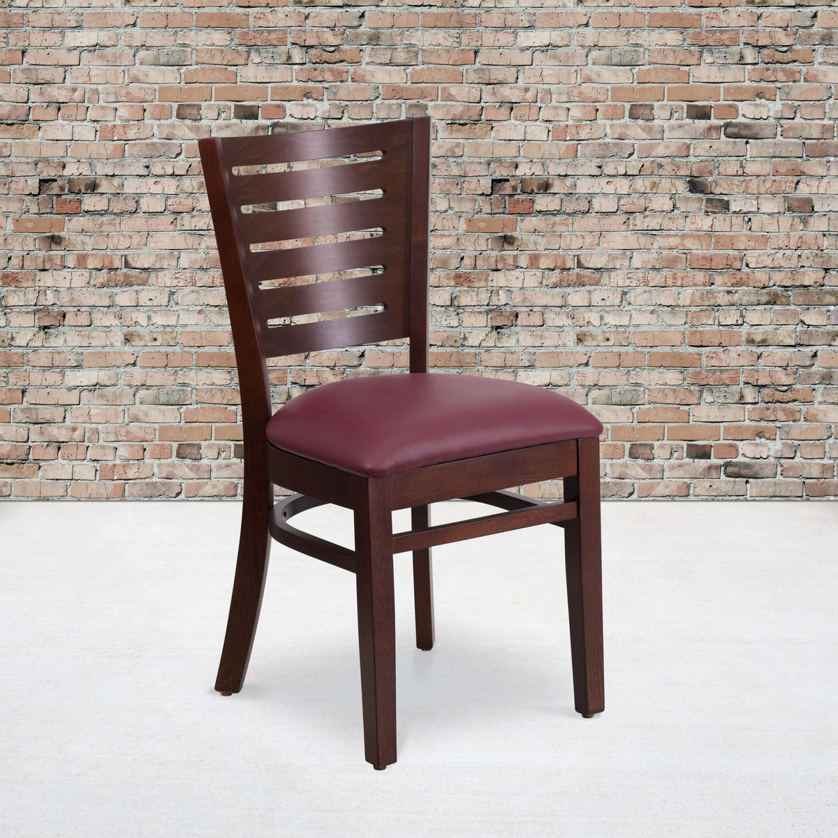 Burgundy Vinyl Seat/Walnut Wood Frame |#| Slat Back Walnut Wood Restaurant Chair - Burgundy Vinyl Seat