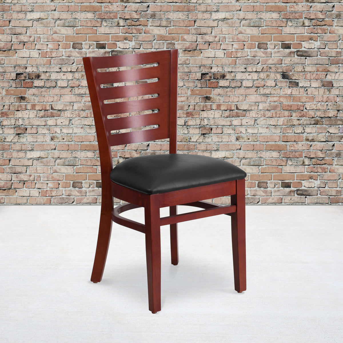 Black Vinyl Seat/Mahogany Wood Frame |#| Slat Back Mahogany Wood Restaurant Chair - Black Vinyl Seat