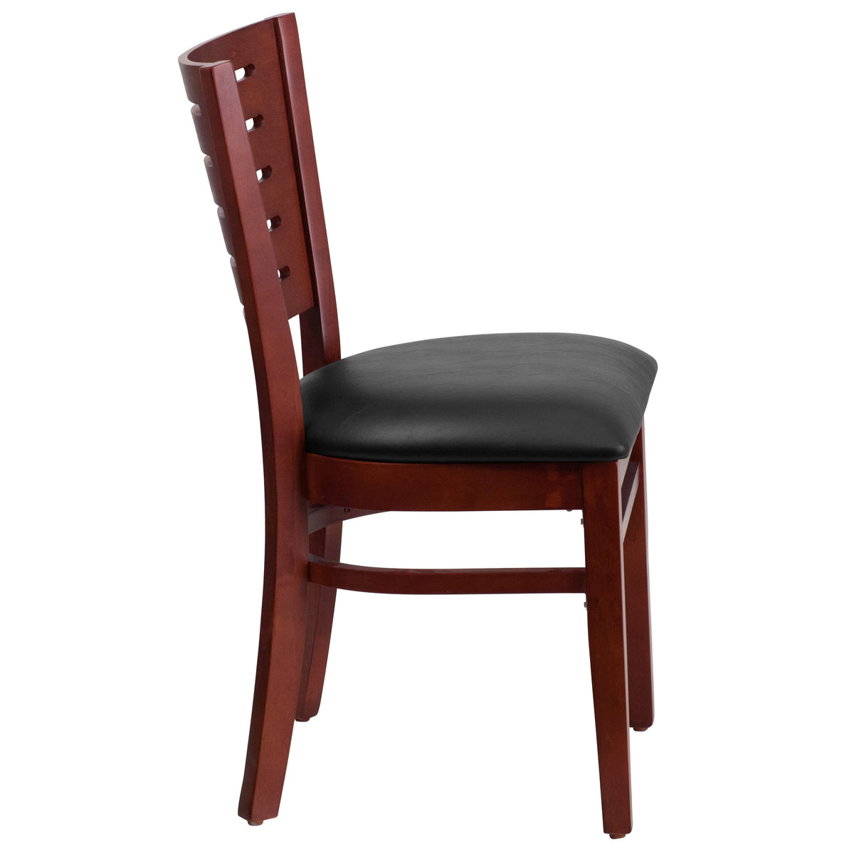 Black Vinyl Seat/Mahogany Wood Frame |#| Slat Back Mahogany Wood Restaurant Chair - Black Vinyl Seat