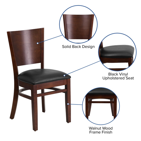 Black Vinyl Seat/Walnut Wood Frame |#| Solid Back Walnut Wood Restaurant Chair - Black Vinyl Seat