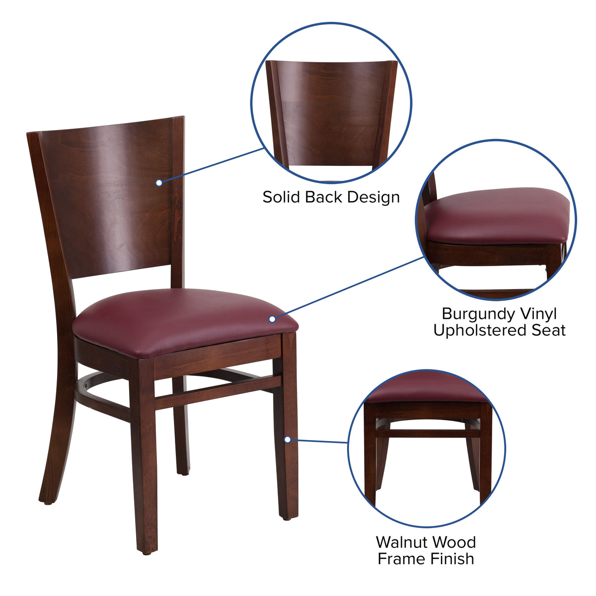 Burgundy Vinyl Seat/Walnut Wood Frame |#| Solid Back Walnut Wood Restaurant Chair - Burgundy Vinyl Seat